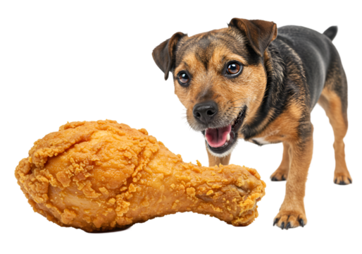 Dog and Fried Chicken Funny Pet Photo isolated on transparent background