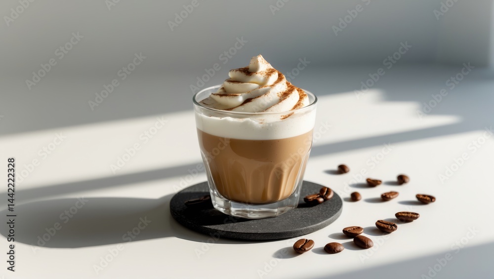 Poster dalgona coffee. fluffy instant vegan coffee in a glass accompanied by beans and shadow on a pale bac