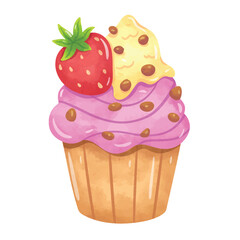 Cupcake clip art, hand drawn watercolor painting of cupcake, strawberry cupcake illustration vector, clip art cupcake
