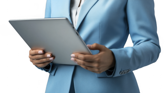 Woman in blue suit holding a silver tablet device, viewing information with manicured hands, professional attire, closeup shot on a transparent background, PNG image, PNG file.