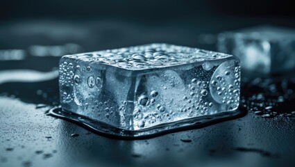 Transparent rectangular ice block with texture placed on a surface. Background illustrating cold freshness concept.
