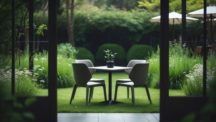 Fototapeta premium Garden-view outdoor dining area with tables and chairs