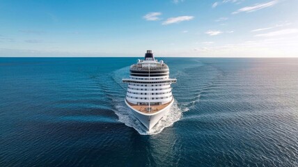 Aerial view of a large white cruise ship sailing in the open ocean, blue water all around, bright sunny day, freedom and adventure concept