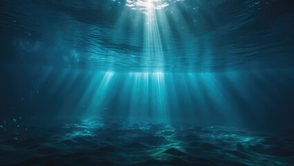 Sunlight filtering through the surface of the sea, with deep waters and a sandy floor underneath.