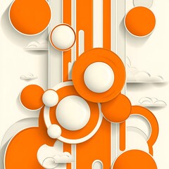 Orange and white circles, lines, and clouds abstract design