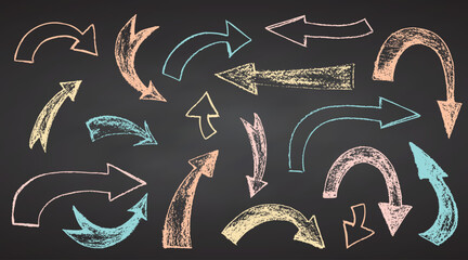 Set crayon hand drawn pastel arrows in different directions on black chalkboard Chalk, brush drawing bold elements Collection doodle thick geometric collage shapes Brutal contemporary figures Vector