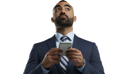Pensive businessman looks upward while holding cellular device in hand wearing business attire for corporate world success on a transparent background, PNG image, PNG file.
