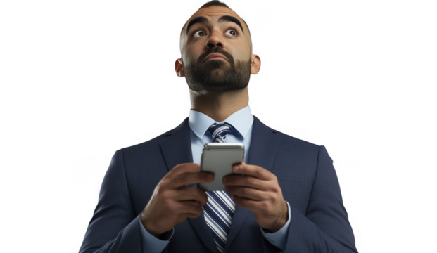 Pensive businessman looks upward while holding cellular device in hand wearing business attire for corporate world success on a transparent background, PNG image, PNG file.