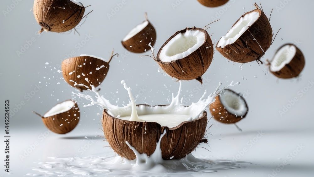 Aufkleber Isolated background with exotic coconuts and splashes of milk