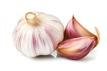 Obraz premium Whole Garlic Bulb and Cloves on White Background