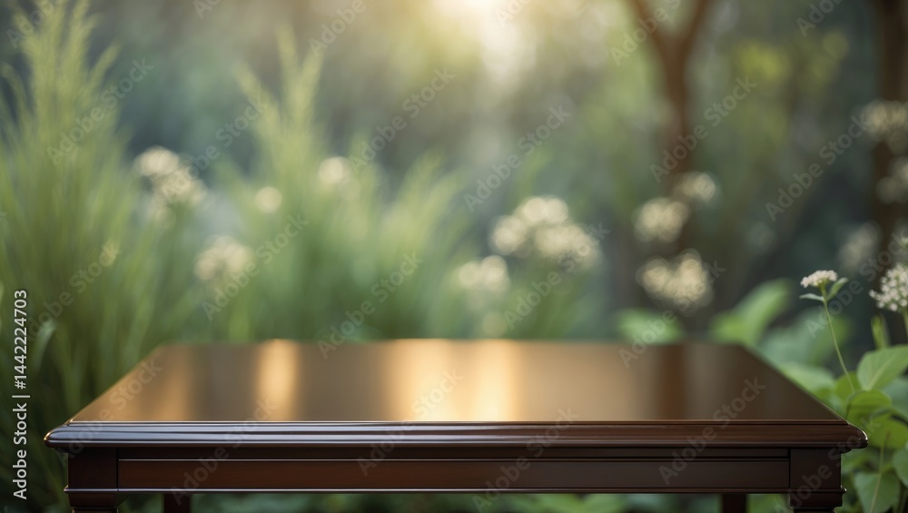 Poster bare wooden table top on green grass from garden in background for product presentation