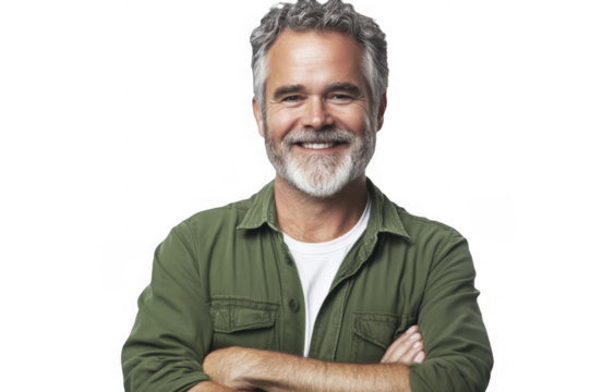 Smiling mature adult with gray hair, wearing green shirt and white t-shirt, arms crossed at chest, looking at camera on a transparent background, PNG image, PNG file.