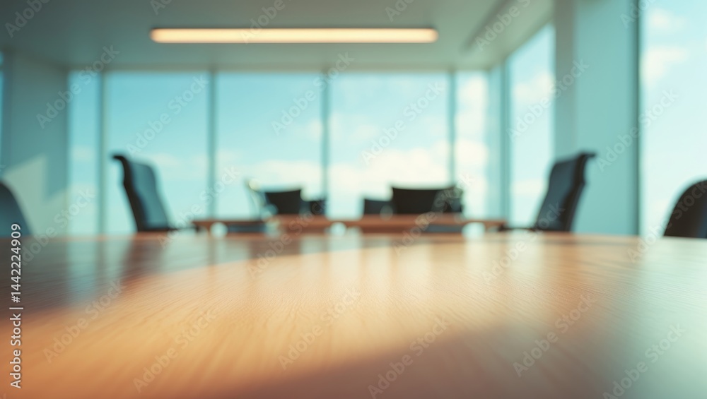 Poster unoccupied wooden desk in a bare office setting with expansive boardroom and large window scenery, c