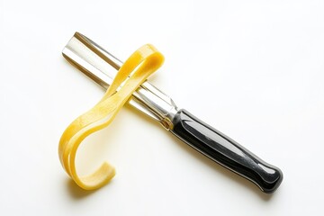 Obraz premium Fresh pasta creation a delicate yellow noodle skillfully peeled using a vintage vegetable peeler