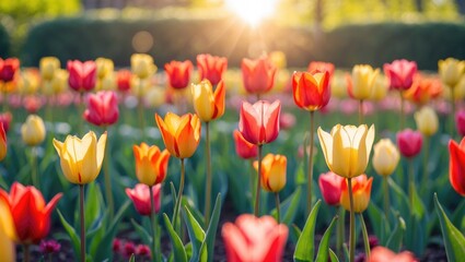 Obraz premium Springtime tulip field illuminated by the sunrise