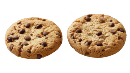 Two delectable chocolate chip cookies, freshly baked and golden, sit side by side, ready for snacking. on a transparent background, PNG image, PNG file.