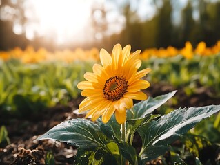 Vibrant sunflower in a field at sunset