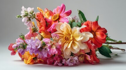 a freshly picked bunch of flowers on a white isolated background, colorful and delicate