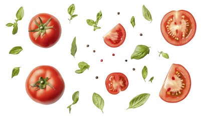 Arrangement of fresh ripe tomatoes, aromatic basil leaves, and peppercorns, culinary preparation components, vibrant colors, on a transparent background, PNG image, PNG file.
