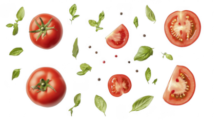 Arrangement of fresh ripe tomatoes, aromatic basil leaves, and peppercorns, culinary preparation components, vibrant colors, on a transparent background, PNG image, PNG file.
