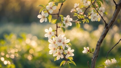 Garden scene on a sunny spring day featuring a blooming plum branch and a blurred background, with space for text