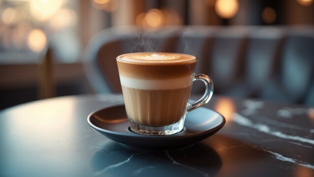 Piping hot piccolo latte in a simple cafe setting. Coffee notion. Specific focus.