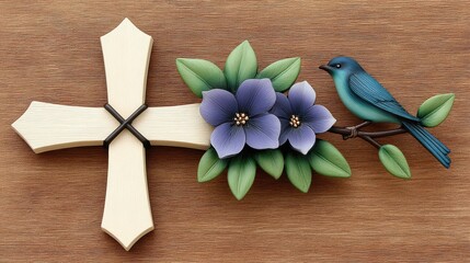 Wooden cross with purple flowers and a blue bird on a branch, set against a wood-textured background.