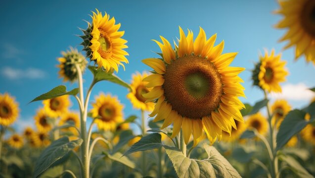 A vibrant sunflower field with blooming flowers set against a blue sky backdrop