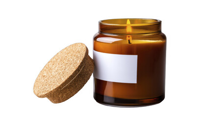 Amber jar candle burning with cork lid resting, label space on container for fragrance branding mock-up, on a transparent background, PNG image, PNG file.