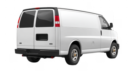 Full rear view of a white delivery van with tinted windows and black trim, perfect for transportation, on a transparent background, PNG image, PNG file.