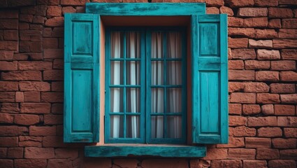 Antique blue wooden shutters window in Europe alongside a brown stone brick wall