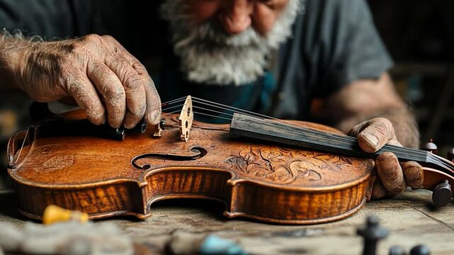 Close-up of elderly craftsman's hands meticulously restoring a vintage violin with intricate carvings.  Warm lighting highlights the details of the instrument and the craftsman's weathered hands - Powered by Adobe