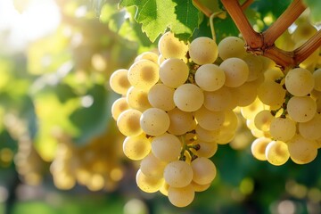 Fototapeta premium Bunches of ripe yellow grapes hanging from vine in bright sunlight at vineyard during harvest season