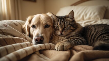 Happy young golden retriever dog and sweet mixed breed tabby cat curled up under a soft plaid. Animals kept warm under a blanket in frigid weather. Pet friendship. Idea of pet care.