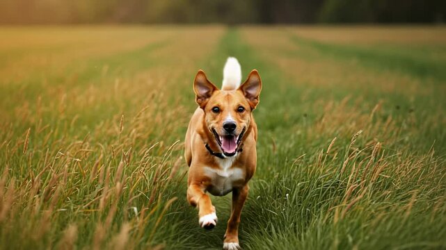 Happy dog running through a grassy field during sunset, with trees in the background - huntaway dogs
