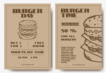 Burger Day Invitation and Sale Banner with Hand Drawn Burger and Trendy Typography on Kraft Background. Poster, Menu, Sale, Invitation with Hand Drawn Doodle Hamburger. International Burger Day Invite