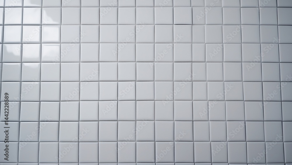 Poster White tile wall with a chequered background texture, complemented by ceramic mosaic tiles on walls and floors in a tidy environment. Geometric grid pattern wallpaper design.