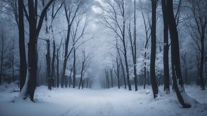 Obraz premium Temperate forest featuring trees covered in snow.