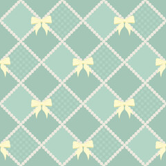 Seamless Checkered Pattern with Pearls and Yellow Ribbon Bows on Teal. Elegant Teal Plaid Pattern with Bow and Pearl Grid.
