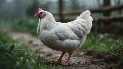 Fototapeta premium A stunning hen positioned gracefully in the garden, displaying its lustrous feathers and vibrant hues. The hen enhances the rustic appeal of the scene, blending effortlessly with the natural backdrop.