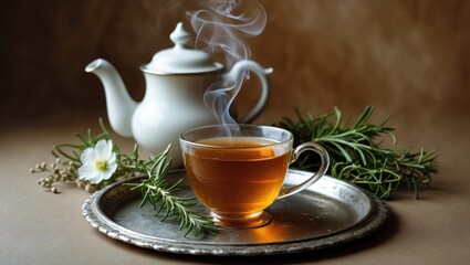 Fototapeta premium Cup of hot tea with kitchen utensils nearby