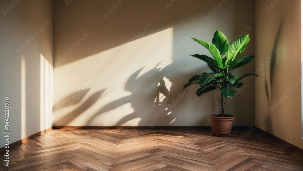 Poster chevron-patterned wood floor in an empty minimalist room with a potted plant.