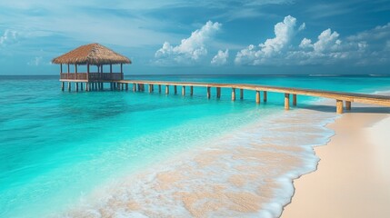 Golden sand meets the gentle waves at an exotic beach, featuring a charming wooden pier extending into crystal-clear waters, all beneath a backdrop of fluffy clouds