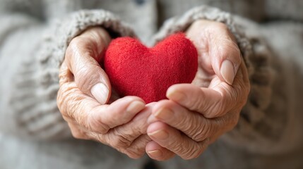 Elderly senior person or grandparent's hands with red heart in support of nursing family caregiver for national hospice palliative care and family caregivers month concept