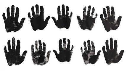 Fototapeta premium Set of Black Handprints with Paint Ink, Isolated on White Background, Featuring Clipping Path for Creative Use