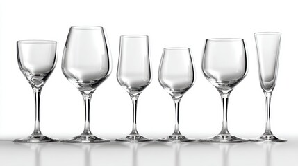 a set of delicate wine glasses on a white isolated background, clear and elegant design