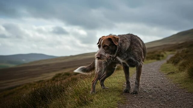 A playful dog exploring a scenic trail in the countryside, with rolling hills and cloudy skies - huntaway dogs