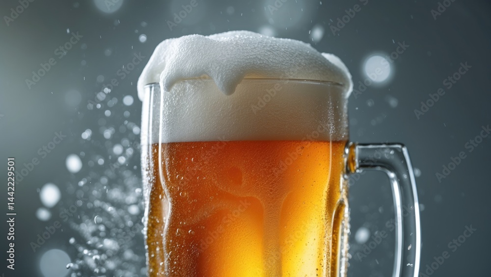 Poster cropped depiction of a cold golden lager with rich white foam in front of a grey studio backdrop. il