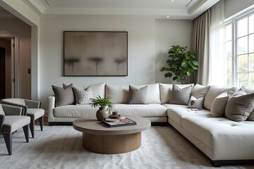 Elegant Living Room Featuring a Large Beige Sectional Sofa and Round Coffee Table in a Stylish, Contemporary Interior Design.                         
