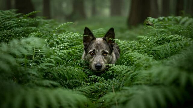 A curious dog peering through lush green ferns in a misty forest, creating a serene and intriguing atmosphere - huntaway dogs